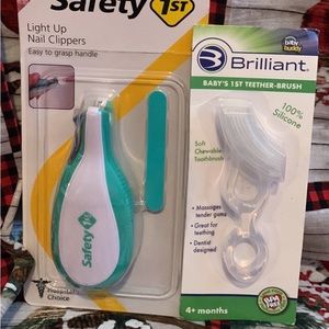 Babies first teeth are brushed and light up nail clippers